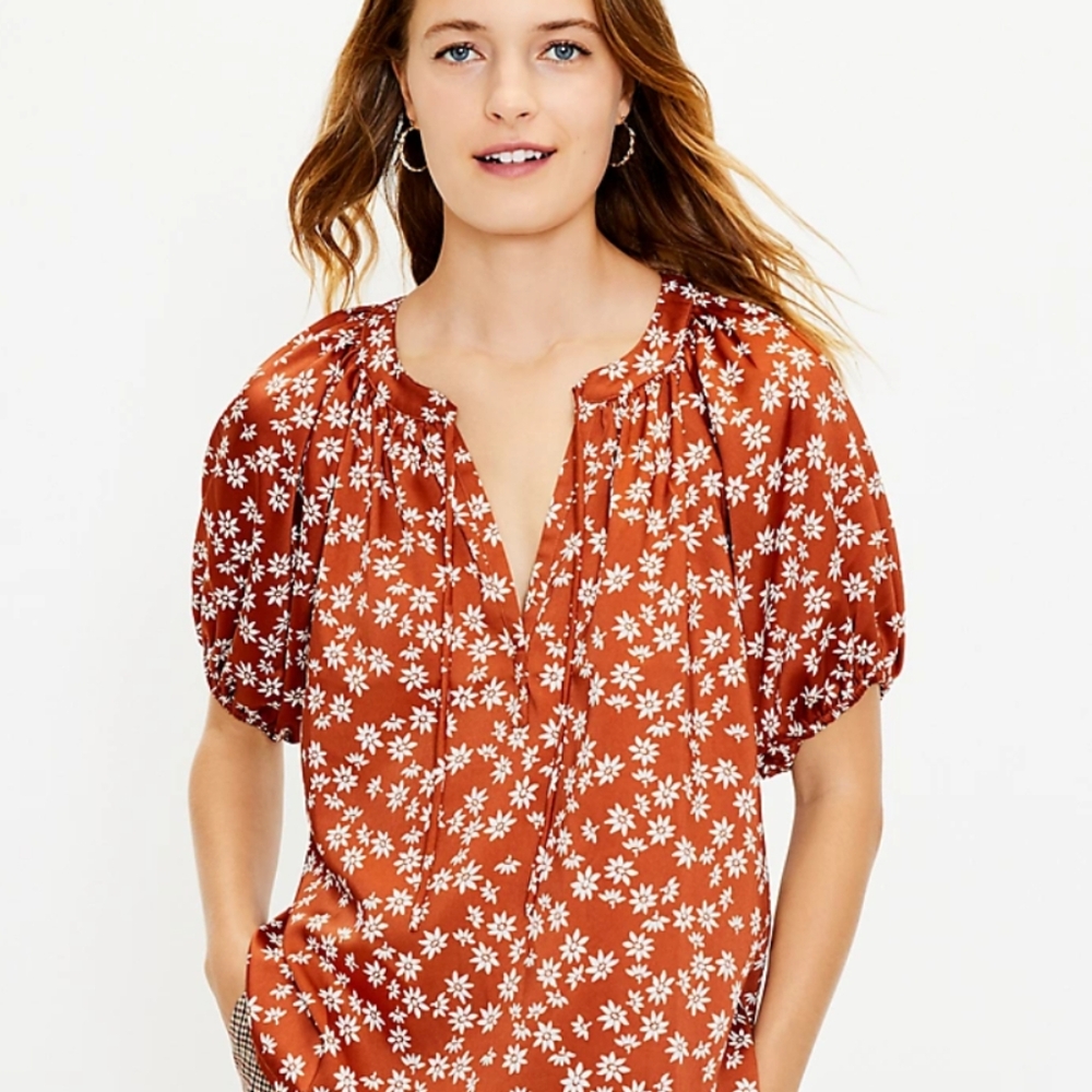 LOFT Floral Tie Neck Puff Sleeve Top